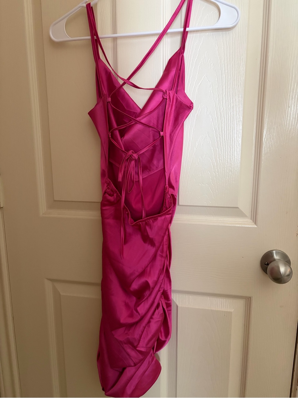 Satin Ruched Hot Pink Slip Dress - Picture 3 of 4